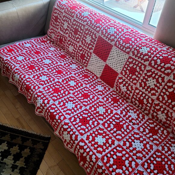 Hand Made Crochet Granny Square Throw Afghan Blanket with Red and White Colors. - Picture 1 of 6